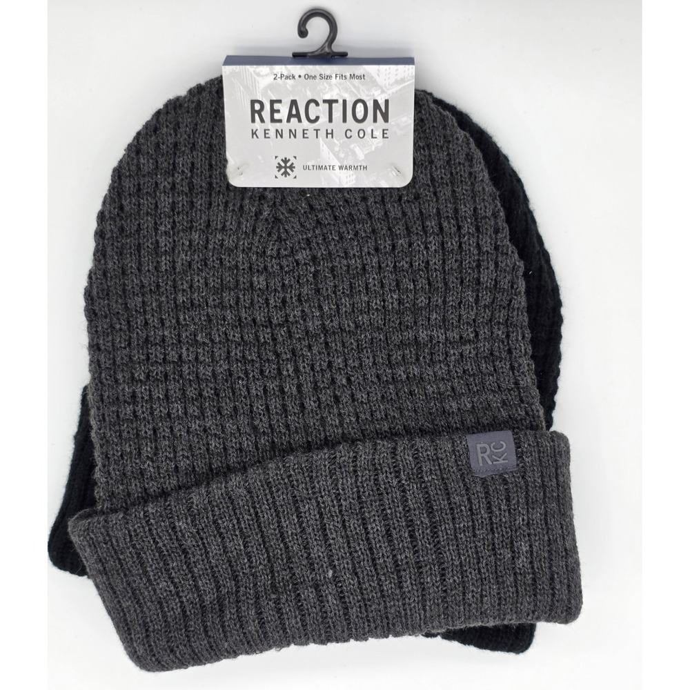 Kenneth Cole Reaction Men's Waffle Beanie Hat Black/Gray 2 Pack One Size NWT